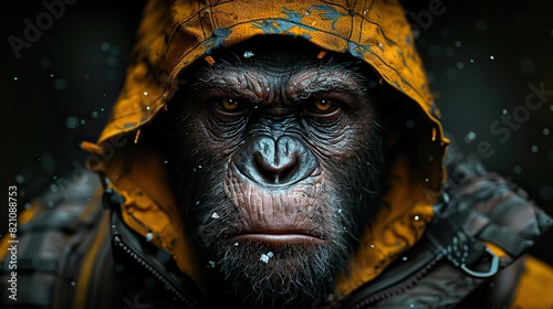 In the nocturnal cityscape's snowy embrace, a chimpanzee with a humanoid guise and enigmatic charisma strutted confidently in a black-and-yellow hooded jacket.illustration stock image