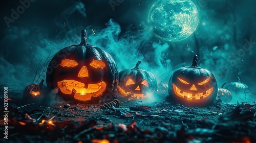 A sinister Halloween night banner featuring glowing pumpkins enveloped in an eerie fog under the moonlight's watchful gaze..stock photo