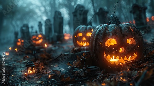 Jack-o'-lanterns illuminate an eerie woodland shrouded in a mist, casting a sinister glow amidst the gnarled branches and crumbling tombstones..stock image
