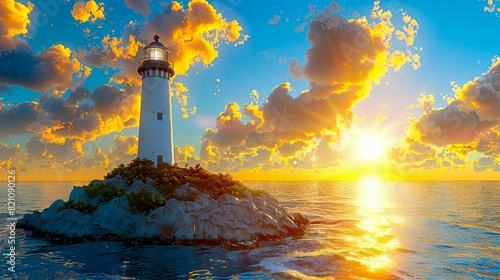 Stunning lighthouse on a rocky island with a vibrant sunset sky reflecting in the calm ocean water.