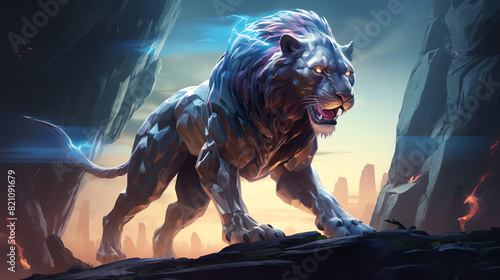 A powerful lion stands atop a rock, its fur bristling with electricity
