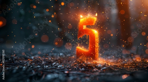 A dynamic shot showcasing a Birthday Candle fashioned into the shape of number 5, with sparks flying as the flames dance gracefully, evoking a sense of excitement and anticipation