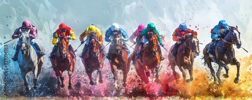 Exciting depiction of a horse racing event featuring vibrant colors and dynamic motion, highlighting the speed and intensity of the sport.
