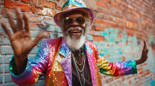 Happy elderly gay black man at pride dancing against brick wall. Senior african american queer man in rainbow sequin suit & bowler hat celebrating lgbtq+ rights. Inclusion & diversity at pride