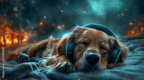 A cute golden retriever dog wearing headphones is sleeping on a soft blanket