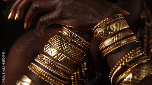 Black womans hand with gold jewelry