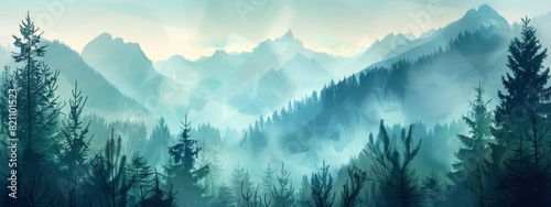 A serene, mountain landscape background with misty peaks and evergreen trees.