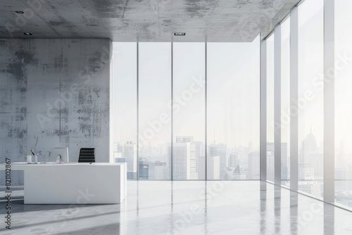 A minimalist modern financial planning office, one financial advisor working on a sleek, white desk, large windows showing a cityscape, clean and professional