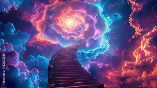 straight Stairs leading to a swirling fluorescent vortex in the sky, vivid colorful inspirational