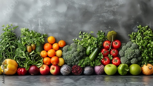 Fresh fruits and vegetables neatly arranged against a gray background, displaying a colorful and healthy variety.