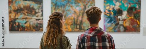 Back view of two individuals contemplatively viewing abstract paintings in a modern art gallery