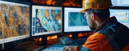 Petroleum engineer analyzing geological samples, oil maps and drilling data on screens, earthy tones