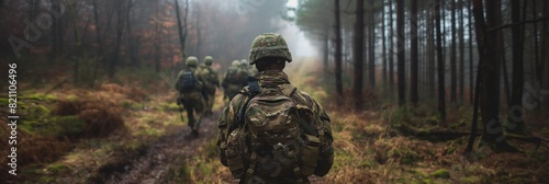Soldiers trek through a misty forest, equipped for military operations