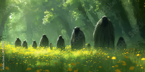 Abstract image: A group of forest gods wearing black robes. in the green forest