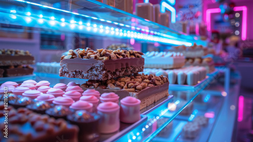 Various desserts on display in a bakery with neon lights