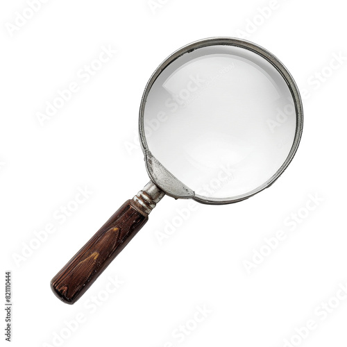 Vintage Magnifying Glass on Transparent Background - Antique Magnifier with Wooden Handle and Metal Frame for Close-Up Inspection