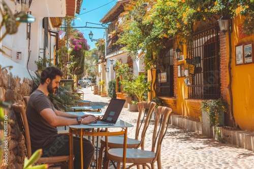 digital nomad expat working on laptop at cafe terrace or coworking in a narrow street of a town in Spain in summer