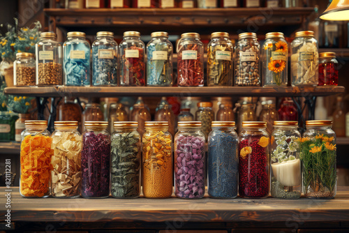 Authentic Chinese medicine apothecary features beautifully arranged jars stocked with herbs, spices, and plants