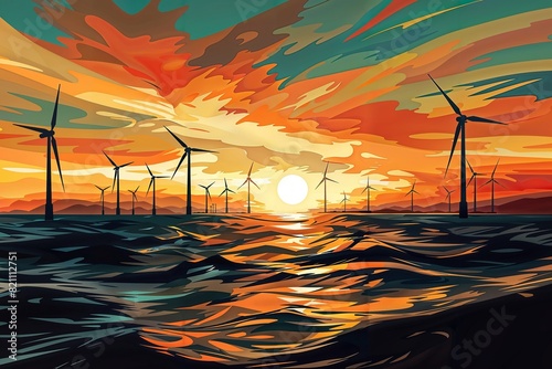 Illustration of a landscape with a group of offshore wind turbines against a sunset sky.