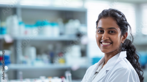 A Indian woman in a white lab coat is smiling and posing for a picture. Concept of professionalism and confidence, as the woman is dressed in a lab coat and he is working in a scientific environment.