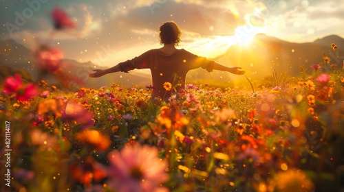 An image of a person taking a deep breath in a field of blooming flowers, with arms outstretched and face turned towards the sun, representing the revitalizing power of connecting