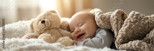 A child rests with a plush teddy bear, evoking a sense of innocence and comfort in a cozy setting