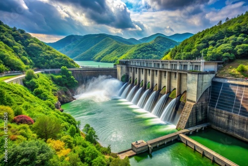 A picturesque dam generating hydropower, surrounded by lush greenery and flowing water