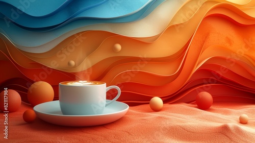 Futuristic 3D-Rendered Coffee Art with Vibrant Geometric Shapes in Digital Style