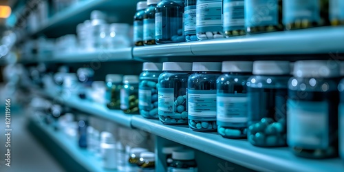 Closeup of organized pharmacy shelves with fake labeled medicines. Concept Pharmacy Shelves, Fake Labels, Organized Display, Closeup Photography