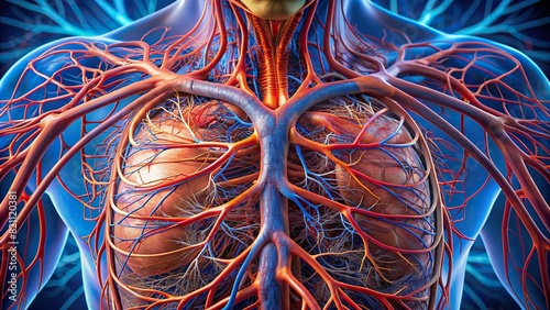 Close-up of the intricate network of veins and arteries in the human liver, highlighting its vascular system and blood supply