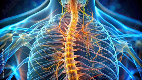 Detailed view of the spinal cord, highlighting its segmented structure and role in transmitting sensory and motor signals