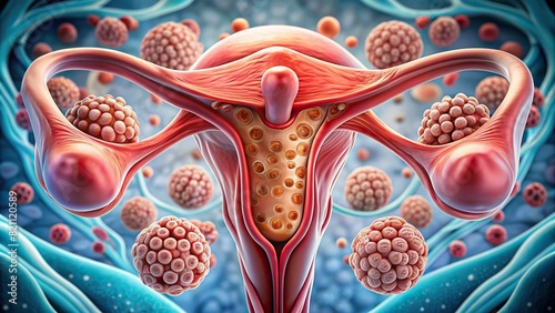 Close-up of the ovaries, illustrating their follicles and oocytes