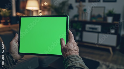 Photograph of a man using hand gestures on a green mock-up screen digital tablet while sitting at his desk in portrait mode. The background is a cozy living room.