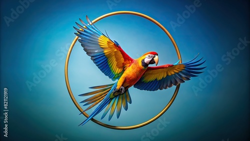 A parrot flying through hoops in front of a blue background