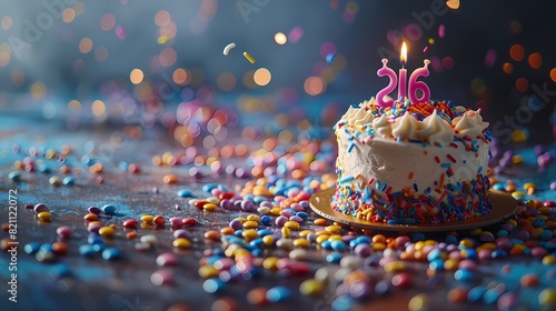 A vibrant composition showcasing a birthday candle in the shape of the number "26," adorned with colorful sprinkles and frosting, reminiscent of a decadent cake