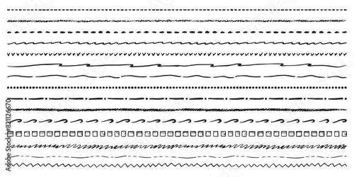 Set of isolated lines set or vector border curve. Brush scribble element or handwritten vintage pen drawing. Typography decoration or decor symbol. Wiggle ornate or zigzag divider. Underline
