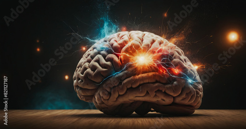 A brain with a blue and red explosion surrounding it. The explosion is made up of bright colors and it looks like it's about to explode