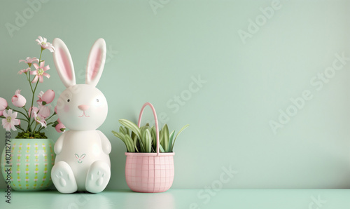White porcelain bunny inside a flower shop. Solid green background