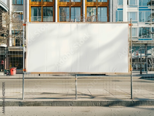 Blank empty signboard poster mockup on a construction site fence in a city street center