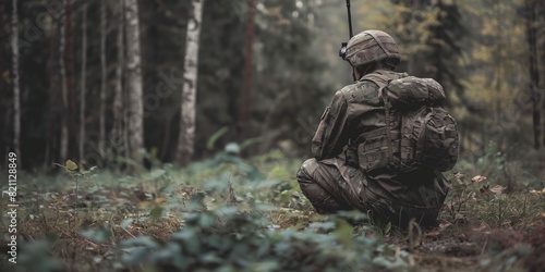 A solitary soldier kneels in a forest, possibly during a mission, with a radio and full military gear