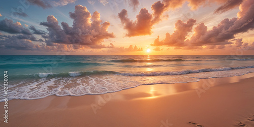 Closeup sea sand beach. Beautiful tropical beach seascape horizon. Dreamy sunset sky calm tranquil relax sunrise summer mood.
