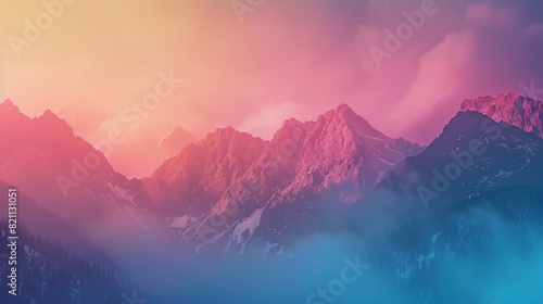 Colorful, abstract double exposure of mountains in sunrise. Minimalist scenery with color gradients. Tatra mountains in Slovakia, Europe.