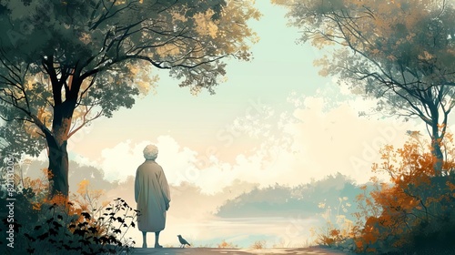 An elderly person birdwatching in a peaceful forest, serene, pastel tones, digital art, representing nature and tranquility
