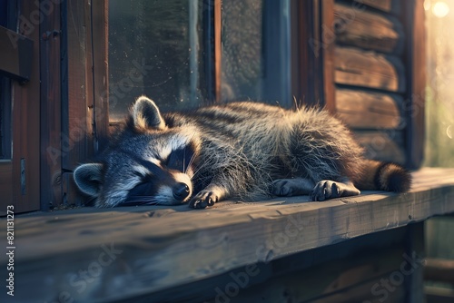 a raccoon sleeping on the porch of the house