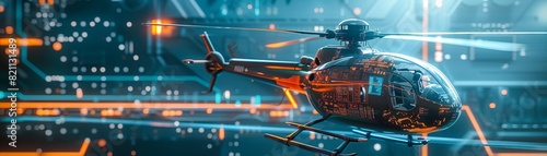 Photo of a futuristic electric helicopter model connected to an electronic mainboard with AI label, indicating AIpowered aircraft communication systems
