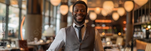 Welcoming male waiter smiling at guests in a stylish restaurant, ready to offer excellent service