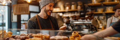 Friendly male baker in casual attire offering fresh pastry to a patron in a rustic bakery shop