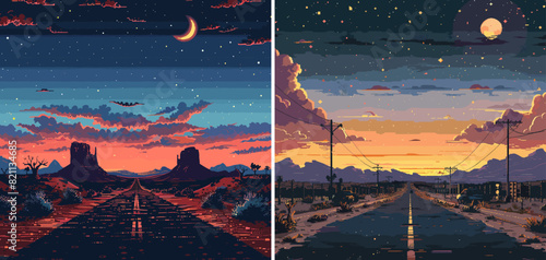 Desert highway pixel art vector illustration. Road sunset sky sun clouds moon bushes sand prairie rocks 8 bit video gameplay arcade assets color concepts