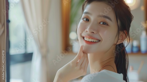 Asian woman touches her perfect soft shoulders, neck, and smiles sensually. Happy woman enjoying her beauty. Wellness Natural Cosmetic Skincare Products.