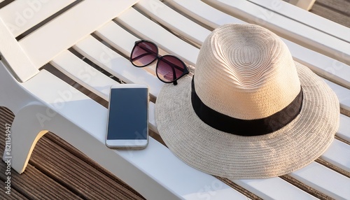 Concept for a beach vacation template background. Hat, smartphone, suntan lotion, sunglasses, towel lie on a wooden white chaise longue in the sun
